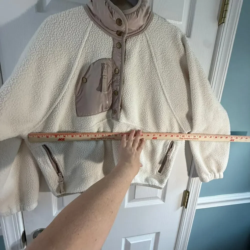 Free People Movement Womens S Cream Sherpa Fleece Snap Pullover Jacket